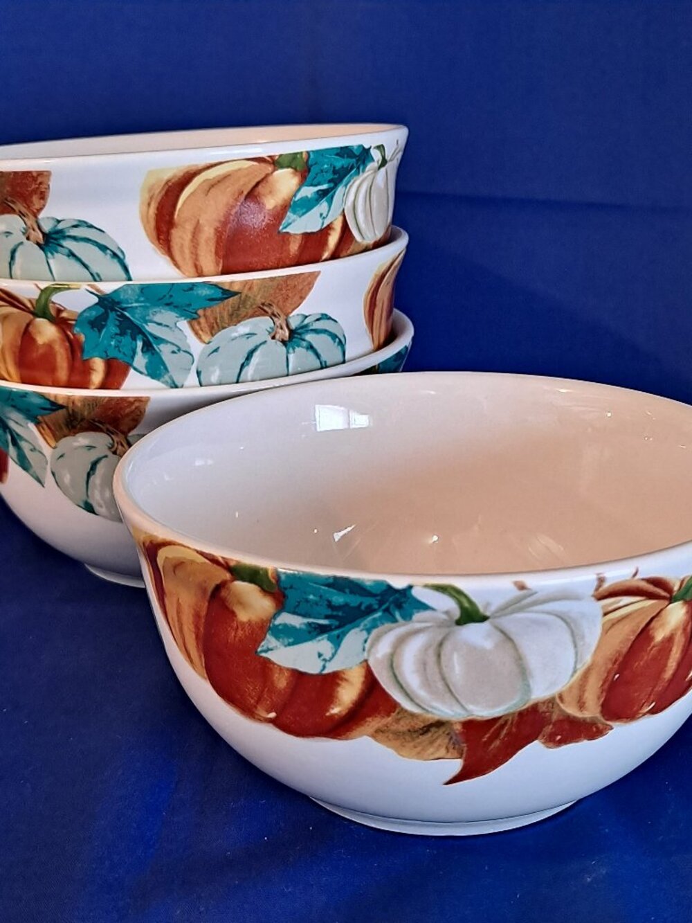 Set 4 Royal Norfolk PUMPKIN 6" SOUP BOWLS Cereal Thanksgiving Leaves Leaf Autumn